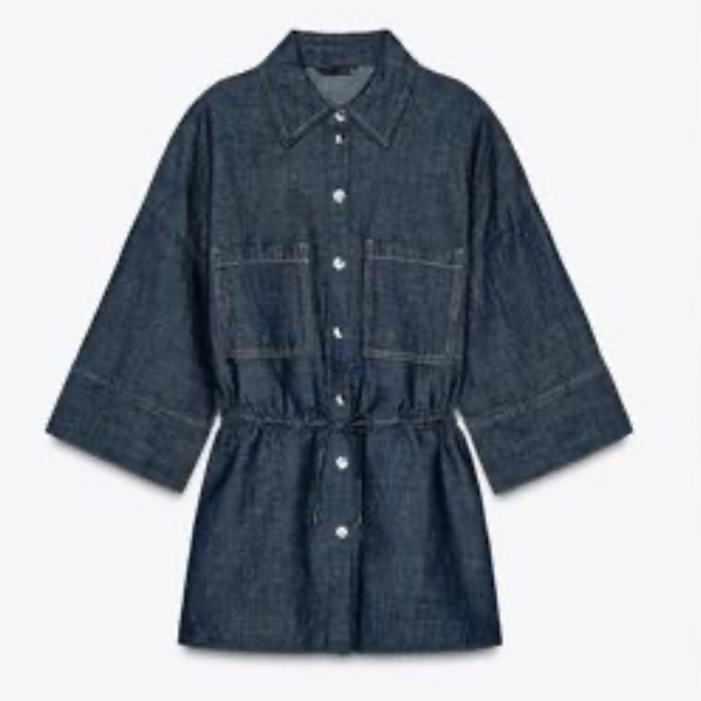 Zara Drawstring Waist Denim Utility Shirt Safari Style 3/4 Sleeve Size XS - Picture 3 of 7